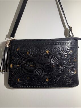 Black Embossed Leather Tassel Crossbody Bag